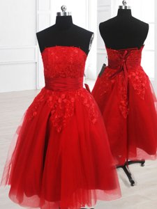 Red Strapless Neckline Embroidery Prom Dresses Sleeveless Lace Up