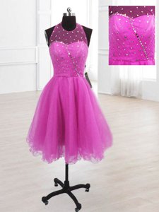 Sleeveless Organza Knee Length Lace Up Evening Dress in Fuchsia for with Sequins
