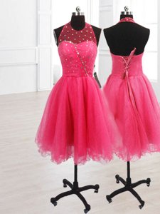 Sleeveless Organza Knee Length Lace Up Prom Gown in Hot Pink for with Sequins