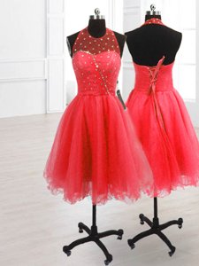 Fashion High-neck Sleeveless Organza Prom Party Dress Sequins Lace Up