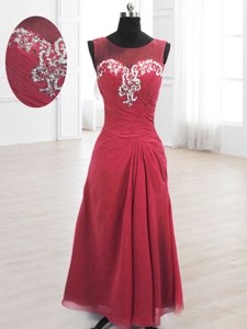 Elegant Scoop Sleeveless Chiffon Floor Length Lace Up Evening Dress in Wine Red for with Beading and Ruching