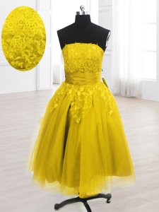 Strapless Sleeveless Lace Up Prom Dresses Yellow Organza