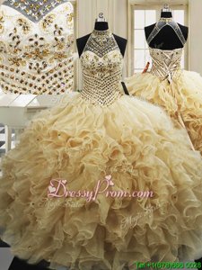Sweet With Train Lace Up Quinceanera Dress Champagne and In forMilitary Ball and Sweet 16 and Quinceanera withBeading and Ruffles Sweep Train
