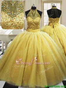 Hot Sale With Train Ball Gowns Sleeveless Yellow 15 Quinceanera Dress Sweep Train Lace Up