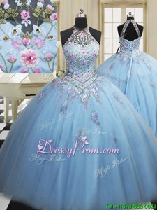 Classical Floor Length Ball Gowns Sleeveless Light Blue Ball Gown Prom Dress Lace Up
