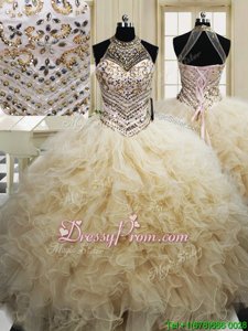 Discount Champagne Ball Gowns Beading and Ruffles Quinceanera Gowns Lace Up Tulle Sleeveless Floor Length
