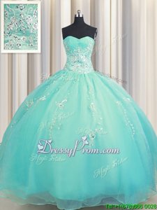 Glittering Aqua Blue Ball Gowns Organza Sweetheart Sleeveless Beading and Appliques Floor Length Lace Up Quinceanera Dresses