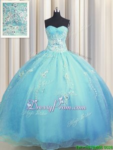 Spectacular Baby Blue and Light Blue Sleeveless Beading and Appliques Floor Length Quinceanera Dresses
