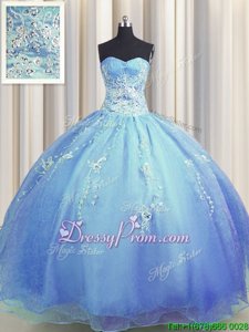 Modest Blue Sleeveless Beading and Appliques Floor Length Vestidos de Quinceanera