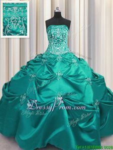 Customized Aqua Blue Ball Gowns Strapless Sleeveless Taffeta Floor Length Lace Up Beading and Appliques and Embroidery 15th Birthday Dress