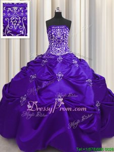 Glittering Purple Taffeta Lace Up Strapless Sleeveless Floor Length Quince Ball Gowns Beading and Appliques and Embroidery
