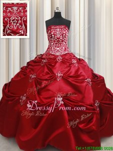 High End Wine Red Ball Gowns Beading and Appliques and Embroidery Sweet 16 Dresses Lace Up Taffeta Sleeveless Floor Length