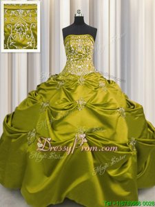 Luxury Olive Green Strapless Lace Up Beading and Appliques and Embroidery Quince Ball Gowns Sleeveless