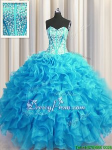Most Popular Ball Gowns Quinceanera Dresses Baby Blue and Light Blue Sweetheart Organza Sleeveless Floor Length Lace Up