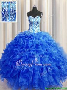 Sexy Sleeveless Floor Length Beading and Ruffles Lace Up 15 Quinceanera Dress with Royal Blue