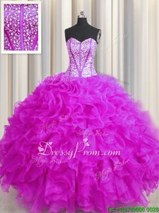 Romantic Sleeveless Floor Length Beading and Ruffles Lace Up Ball Gown Prom Dress with Fuchsia