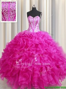 Lovely Hot Pink Lace Up Sweet 16 Dresses Beading and Ruffles Sleeveless Floor Length