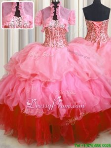 Attractive Rose Pink Sleeveless Floor Length Beading and Ruffled Layers Lace Up Sweet 16 Quinceanera Dress