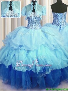 Low Price Multi-color Ball Gowns Organza Sweetheart Sleeveless Beading and Ruffled Layers Floor Length Lace Up 15th Birthday Dress