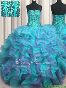 Luxurious Beading and Ruffles Sweet 16 Dress Multi-color Lace Up Sleeveless Floor Length