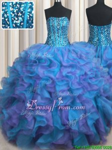 Cheap Multi-color Strapless Lace Up Beading and Ruffles 15 Quinceanera Dress Sleeveless