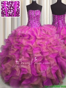 Elegant Multi-color Lace Up Strapless Beading and Ruffles Quinceanera Dresses Organza Sleeveless