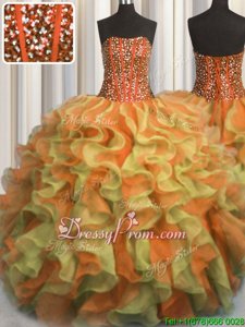 Suitable Sleeveless Floor Length Beading and Ruffles Lace Up Quinceanera Gowns with Multi-color