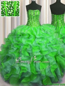 Perfect Strapless Sleeveless Vestidos de Quinceanera Floor Length Beading and Ruffles Multi-color Organza