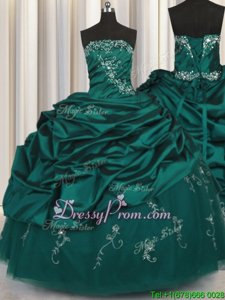 Edgy Ball Gowns Sweet 16 Dress Peacock Green Strapless Taffeta Sleeveless Floor Length Lace Up