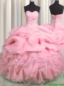 Comfortable Sweetheart Sleeveless 15 Quinceanera Dress Floor Length Beading and Ruffles and Pick Ups Rose Pink Organza