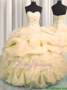On Sale Yellow Sleeveless Organza Lace Up Vestidos de Quinceanera forMilitary Ball and Sweet 16 and Quinceanera