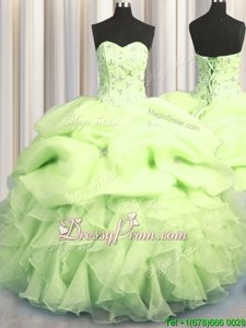 Fashion Yellow Green Ball Gowns Beading and Ruffles and Pick Ups Sweet 16 Dress Lace Up Organza Sleeveless Floor Length