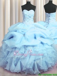 Stylish Baby Blue Sleeveless Organza Lace Up 15 Quinceanera Dress forMilitary Ball and Sweet 16 and Quinceanera