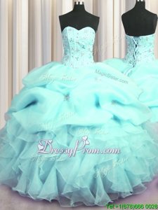 Sweetheart Sleeveless Organza Quinceanera Gown Beading and Ruffles and Pick Ups Lace Up