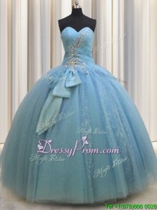 Pretty Baby Blue Lace Up Quince Ball Gowns Beading and Sequins and Bowknot Sleeveless Floor Length