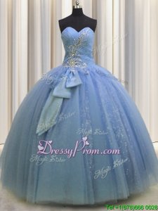 Clearance Floor Length Lace Up Quinceanera Dresses Light Blue and In forMilitary Ball and Sweet 16 and Quinceanera withBeading and Sequins and Bowknot