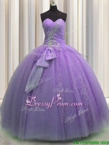 Suitable Sleeveless Tulle Floor Length Lace Up 15 Quinceanera Dress inLavender forSpring and Summer and Fall and Winter withBeading and Sequins and Bowknot