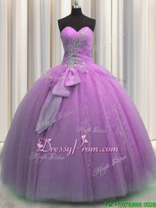 Superior Beading and Sequins and Bowknot 15 Quinceanera Dress Lilac Lace Up Sleeveless Floor Length