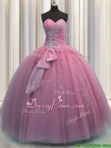 Glorious Rose Pink Sleeveless Beading and Sequins and Bowknot Floor Length Ball Gown Prom Dress