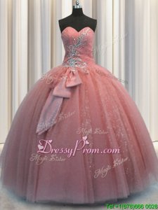 Inexpensive Watermelon Red Sweetheart Neckline Beading and Sequins and Bowknot Quinceanera Dress Sleeveless Lace Up
