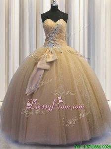 Designer Champagne Sweetheart Lace Up Beading and Bowknot 15 Quinceanera Dress Sleeveless