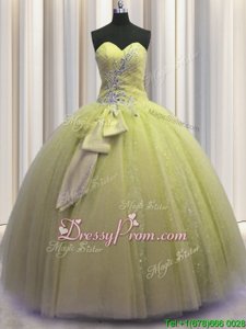 Modern Light Yellow Lace Up Sweetheart Beading and Sequins and Bowknot 15th Birthday Dress Tulle Sleeveless