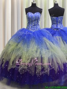 Edgy Floor Length Multi-color Quinceanera Gown Tulle Sleeveless Spring and Summer and Fall and Winter Beading and Ruffles and Sequins
