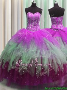 Fitting Tulle Sweetheart Sleeveless Lace Up Beading and Ruffles and Sequins Ball Gown Prom Dress inMulti-color
