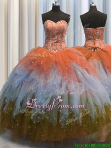 Colorful Multi-color Sweetheart Neckline Beading and Ruffles and Sequins Quinceanera Gowns Sleeveless Lace Up