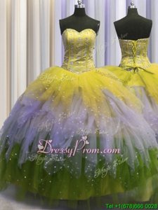 Flirting Multi-color Tulle Lace Up Sweet 16 Quinceanera Dress Sleeveless Floor Length Beading and Ruffles and Sequins