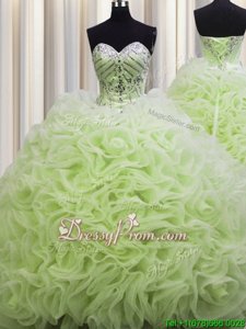 Luxury Sleeveless Floor Length Beading and Pick Ups Lace Up Quinceanera Gowns with Yellow Green