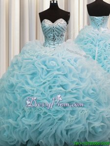 Beauteous Lace Up 15th Birthday Dress Aqua Blue and In forMilitary Ball and Sweet 16 and Quinceanera withBeading and Pick Ups Brush Train