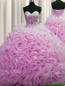 Dramatic Lilac Ball Gowns Beading and Pick Ups Quinceanera Dresses Lace Up Fabric With Rolling Flowers Sleeveless