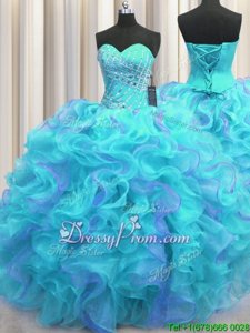 Multi-color Organza Lace Up Quinceanera Dress Sleeveless Floor Length Beading and Ruffles